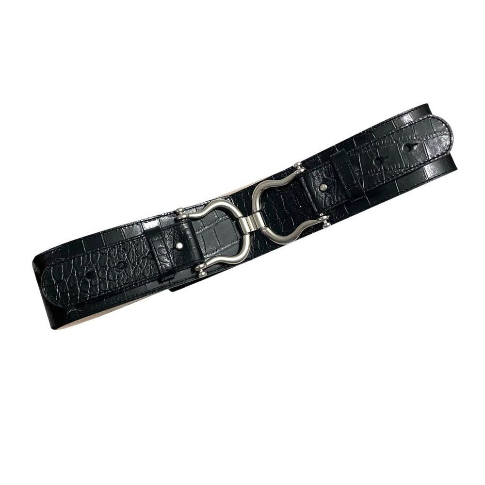 Leather croc texture equestrian buckle statement belt Size S black